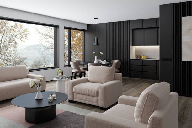 istock Modern Scandinavian Kitchen and Dining Area with Black and White Wood Elements. Country side. 2179830220