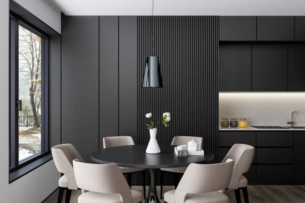 istock Modern Scandinavian Kitchen and Dining Area with Black and White Wood Elements. Country side. 2179830226