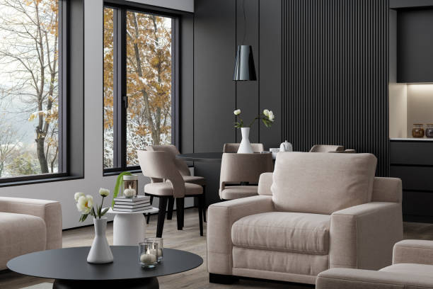 istock Modern Scandinavian Kitchen and Dining Area with Black and White Wood Elements. Country side. 2179830318