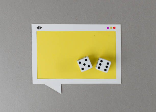 A conceptual image featuring two dice placed inside a speech bubble graphic on a yellow background. This creative setup symbolizes the elements of chance, luck, and risk, ideal for themes related to gambling, decision-making, opportunities, and uncertainty.