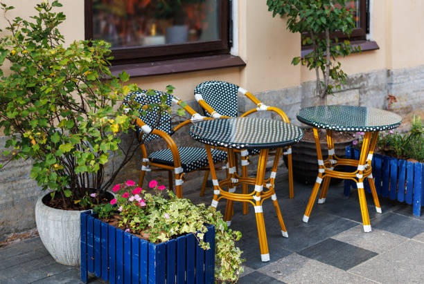 istock Outdoor cafe. Empty tables and chairs in the restaurant. 2179835646