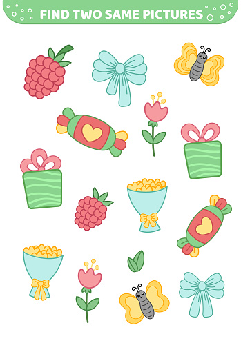 Two Same Image Find Two Same Pictures Feast Elements Game For Children Cartoon Vector ...