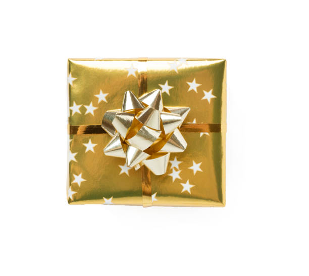 Golden gift box isolated on white, top view