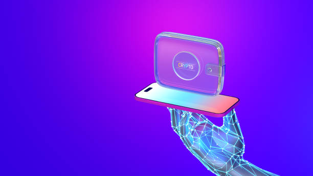 istock Wallet and abstract cryptocurrency coin on smartphone screen with cyber hand. Crypto payments. 2179844456