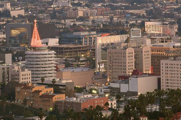 Capitol Records and other Hollywood landmarks from Mulholland Drive, Los Angeles in December