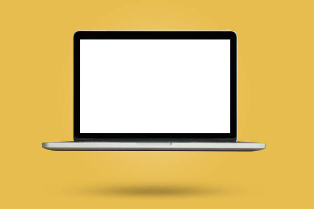 istock Laptop with blank screen isolated on yellow background 2179859186