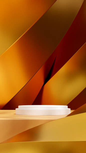 istock white round cylinder podium in portrait with gold geometrical shape 3D rendering empty scene 2179865372