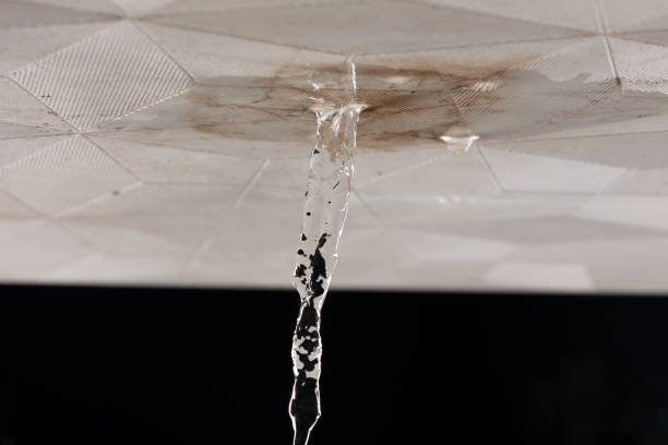 istock Ceiling Water leak from rain or broken pipe. House Water leaking on ceiling tile board and create dirty stain of flowing water, black background isolated 2179869317