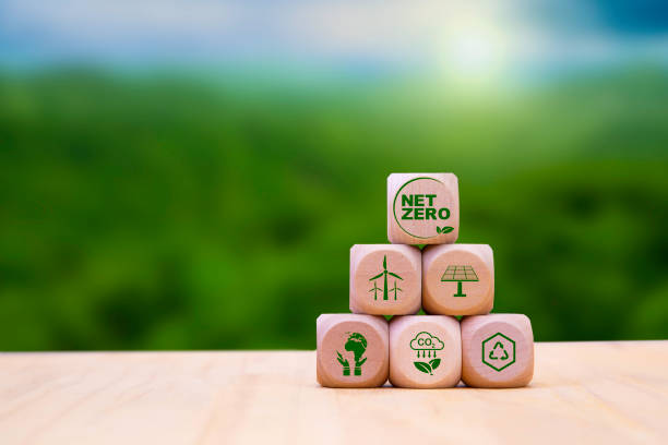 istock Net zero icon at wood box on wonder floor at green background. Net zero for environmental, social, sustainable and ethical. 2179872349