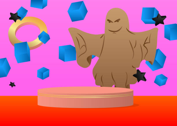 istock Mockup product display with Ghost. Vector cylinder pedestal podium. Stage showcase for Halloween presentation with minimal geometric forms. 2179877214