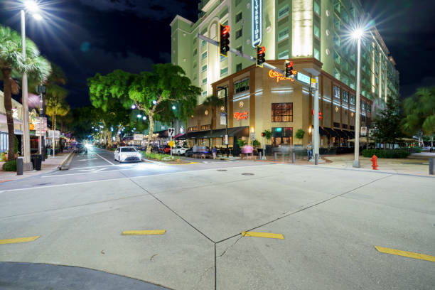 Restaurants along the palm tree lined Beach Drive in downtown St. Petersburg, Florida, USA