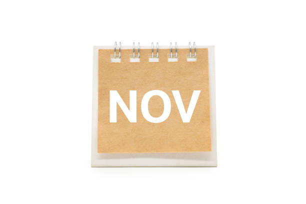 NOV text on desk calendar with clipping path isolated on white background. November and Calendar concept.