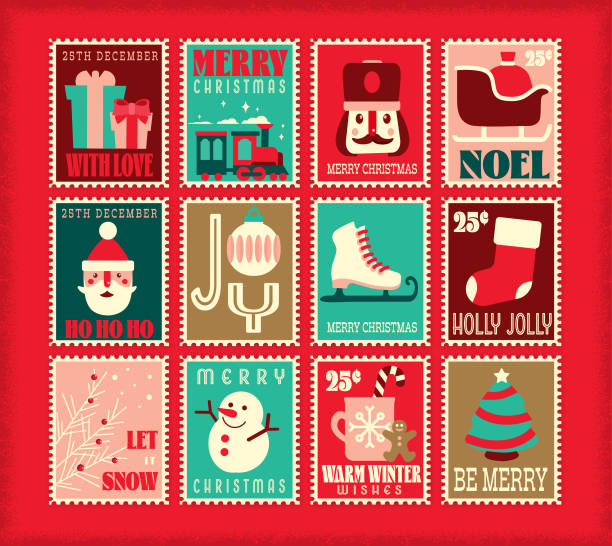 Vector illustration of a Set of Christmas winter postage stamps with different sayings and festive elements. Retro vintage style with holiday wording. Includes gift boxes, train, Nutcracker, Santa Sleigh, Santa, Ornaments, Skate, stocking, tree branches, snowman, hot cocoa, Christmas Tree. Includes fully editable vector eps and high resolution jpg in download.