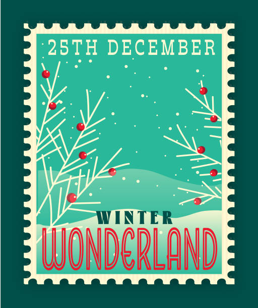 Vector illustration of a Christmas winter postage stamp with greeting text and festive elements. Includes fully editable vector eps and high resolution jpg in download.