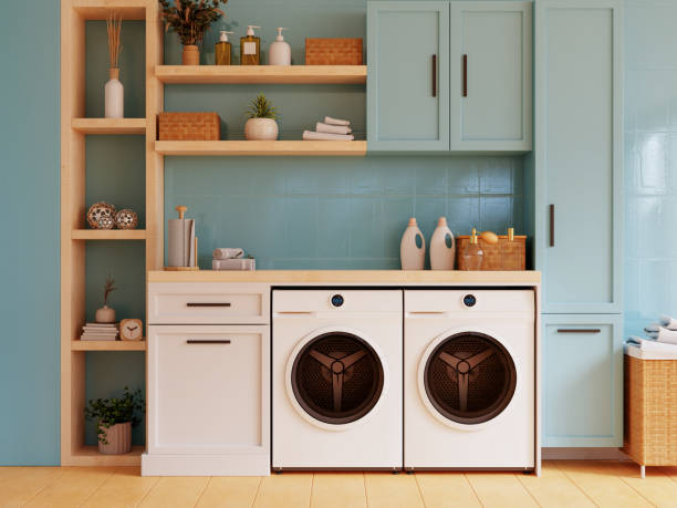 istock Laundry room against a pastel blue wall background- 3D rendering 2179884390
