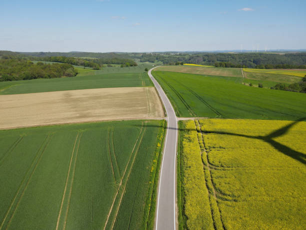 istock View from above of a road between farm fields in spring 2179885092