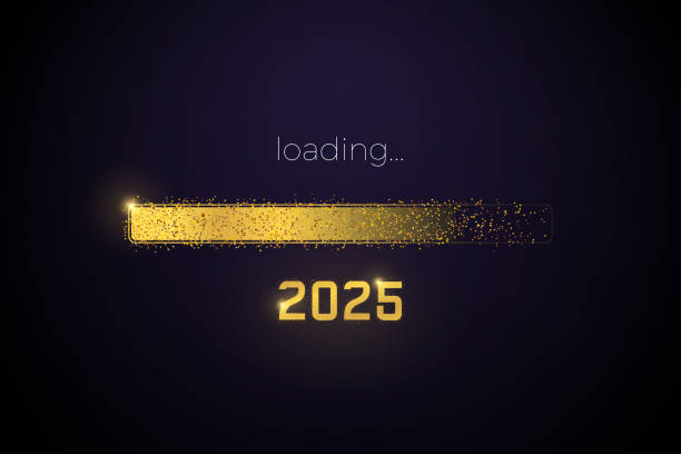 istock 2025 loading progress bar reaching the end of 2024. Happy New Year vector. New year's eve digital loading screen with glitter confetti festive elements. 2179886480