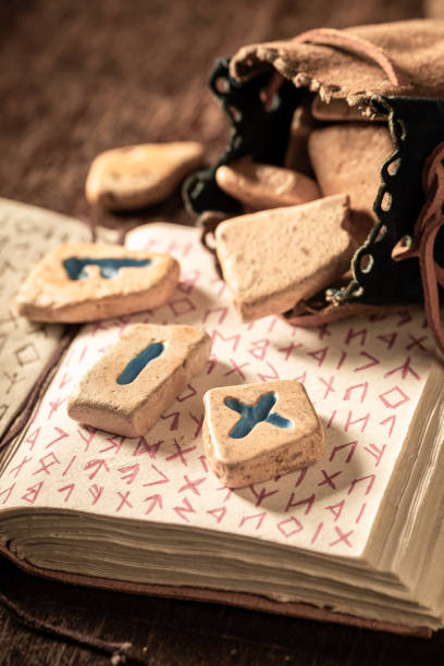 istock Rune stones made of ancient language and vintage book 2179900163