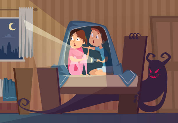 Children afraid. kids sitting under the blanket and seeing monster under the bed Children afraid. kids sitting under the blanket and seeing monster under the bed original artwork woman driving car night stock illustrations