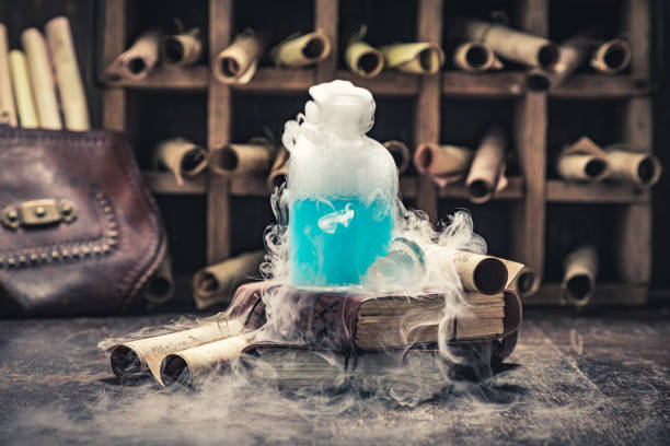 istock Magic research lab full of ancient scrolls and chemical flask 2179900567