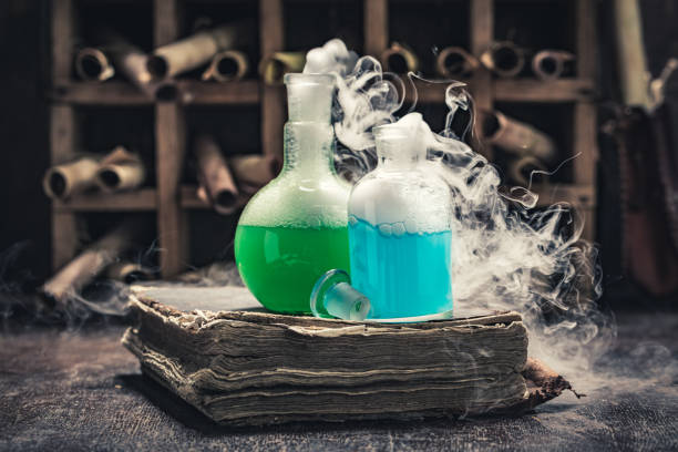 istock Unique alchemist laboratory full of ancient scrolls and chemical flask 2179900896