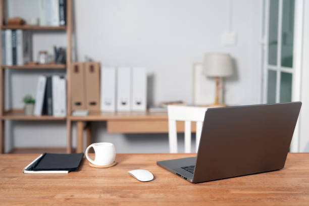 istock Minimal workspace with laptop, home office, work from home. 2179909782