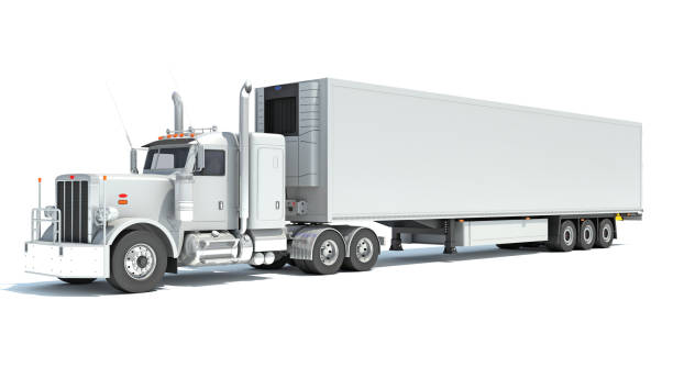 istock Truck with Reefer Refrigerator Trailer 3D rendering on white background 2179918903