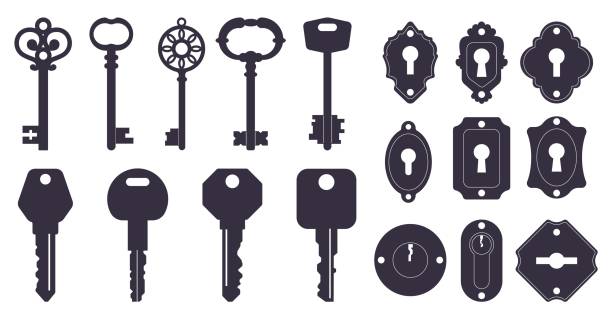 Vintage and modern keys. Lock keyholes. Black silhouette icons on white background. Different passkey shapes and carvings. Door locking. Home access. House safety. Latchkey flat symbols vector set