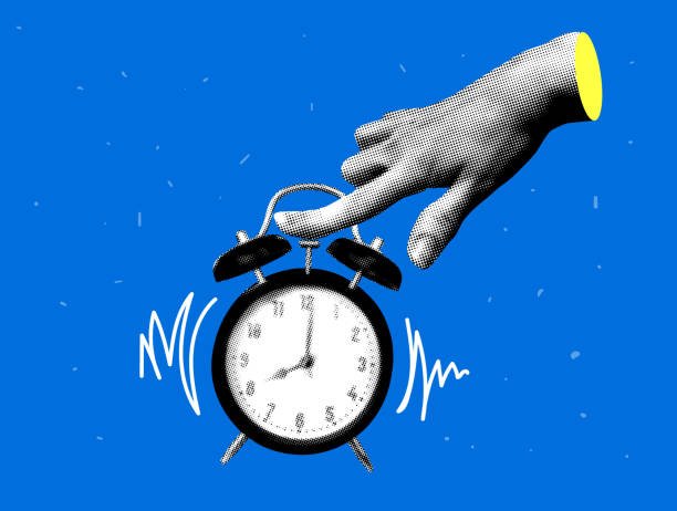 Halftone hand turns off alarm clock. Halftone hand turns off alarm clock. Modern collage. Morning routine. Ringing alarm clock woman pushing tire stock illustrations