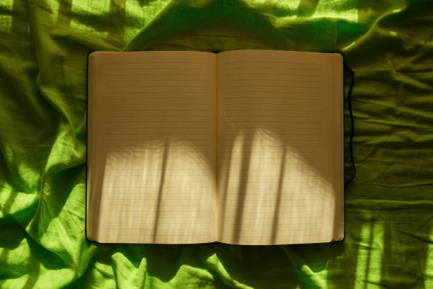 Notebook mockup, blank pages of diary of journal, top view as background