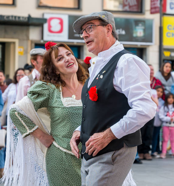 October 21th 2024, Madrid, Spain. Chotis dancers in the street with typical dress.