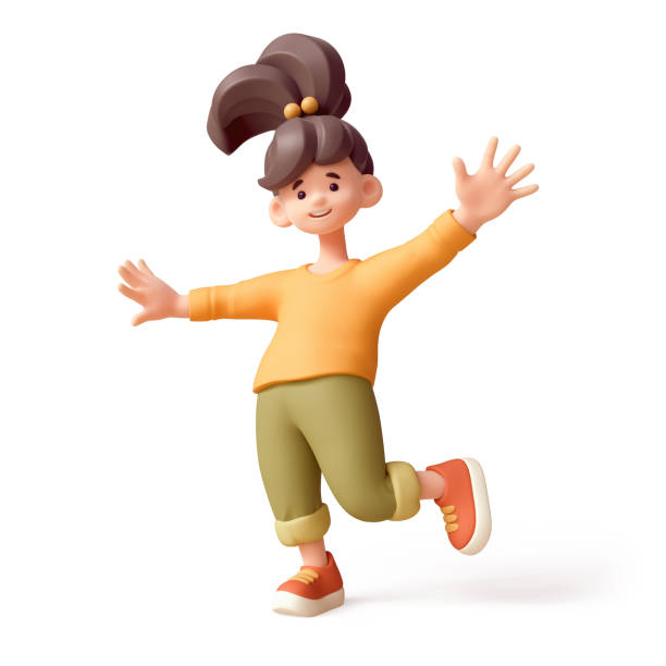 istock 3d render smiling child girl jumps, waves one hand in greeting. 2179935292
