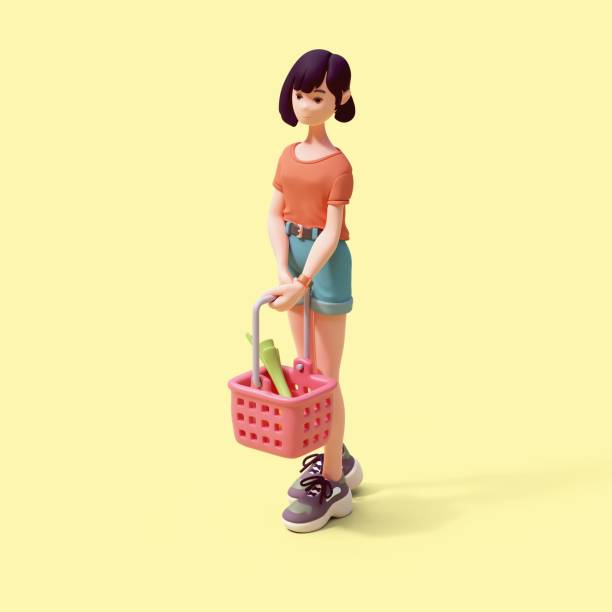 istock 3d render smiling girl holds in her hands pink basket with green leeks. 2179936108