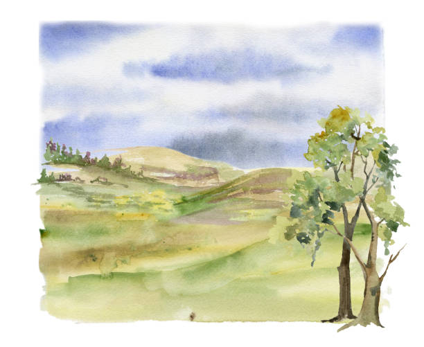 istock Scenery landscape, cloudy blue sky, green meadow field moorland pasture prairie grass land with trees, hand drawn in watercolor. Illustration for resort ads, tourism, hiking camping sites vacation. 2179936261