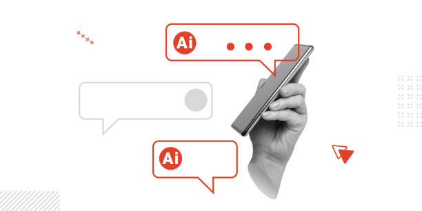 istock Mobile Assistants, chatbots, Artificial intelligence in mobile devices. Hand holding smartphone with red AI chat bubbles. Minimalist art collage 2179941704