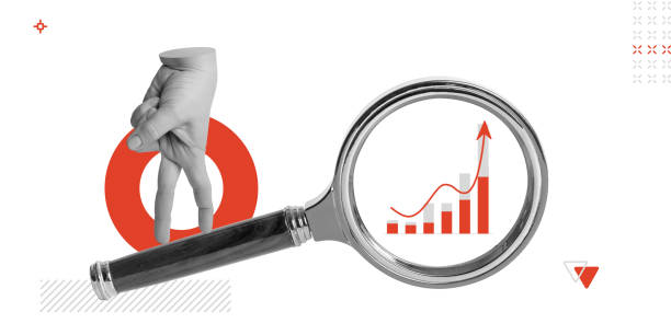 istock Analysis, growth and financial success. Magnifying glass highlights growing bar graph with increasing trend. Hand going up emphasizes progress and strategic movement. Minimalist art collage 2179941842
