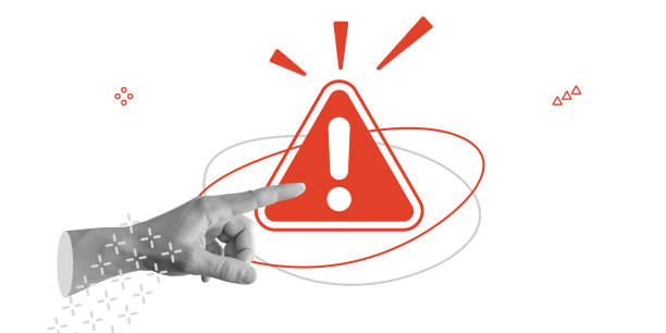 istock Attention, alert, and danger. Hand points towards red warning symbol with exclamation mark, highlighting urgency or caution. Minimalist art collage 2179941867