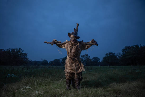 Scary scarecrow in a hat in garden in cloudy weather. Halloween concept