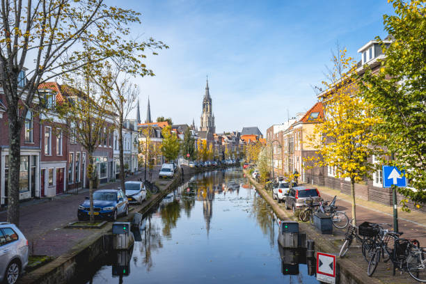 Delft, The Netherlands October 15, 2024. The old houses and canals in Delft.