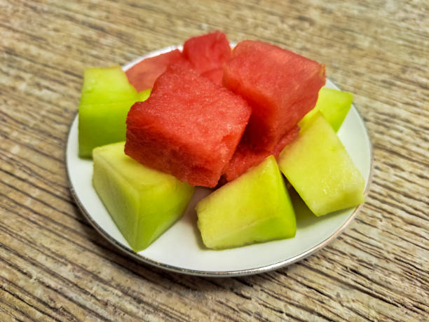 Freshly Watermelon And Melon Cube Diced On A Plate. Fruit Menu.