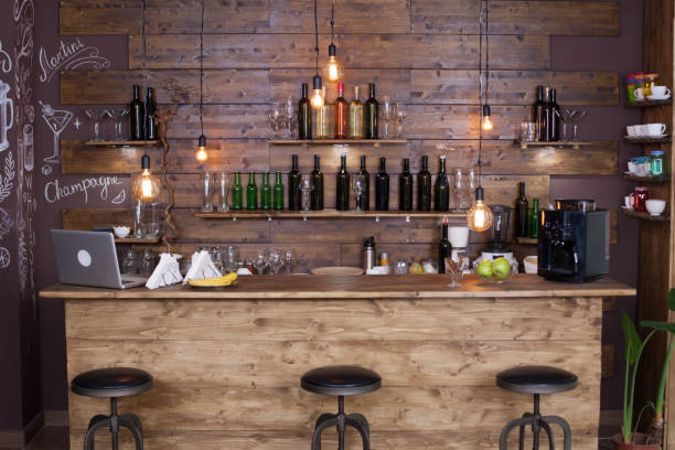 istock Coffee shop bar counter with wine bottles 2179945181