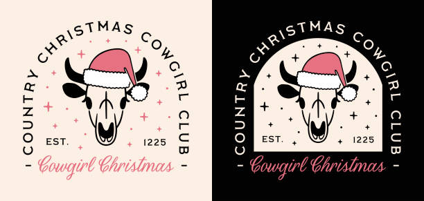 Country Christmas cowgirl club cute cow head wearing Santa hat drawing illustration western girl pink aesthetic retro girly disco party crew shirt design Country Christmas cowgirl club cute animal cow head wearing Santa hat drawing illustration cowboy western girl pink aesthetic. Howdy Holidays retro girly disco party crew badge shirt design cut file. disco themed party stock illustrations