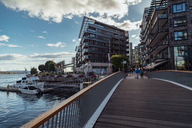 Modern houses line the oceanfront promenade at Aker Brygge in Oslo, offering stunning views and a vibrant atmosphere. Visitors stroll along the walkway, enjoying the waterfront and architecture.