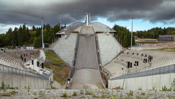Nagano,Japan- August 11, 2020: It is a ski jumping ground in Hakuba Town, Nagano Prefecture, Japan. It's summer now. The jumper is practicing.