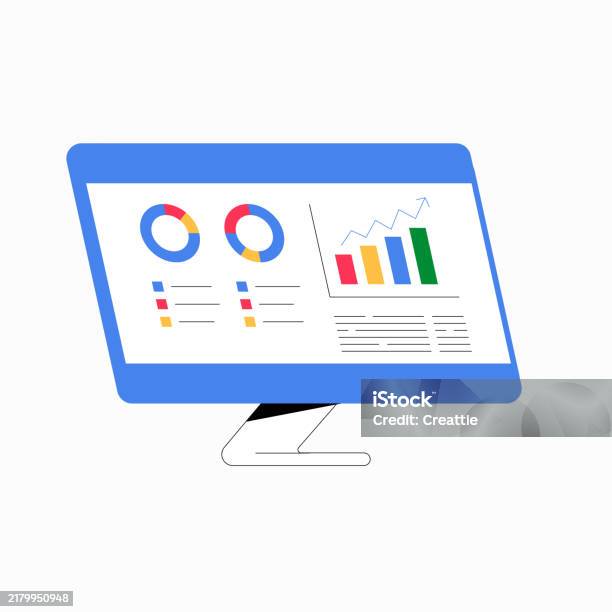 Computer Display With Data Charts And Analytics In Flat Vector ...