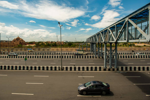 New Delhi, India-August 06,2020: Scant traffic on a multiple lane highway.
