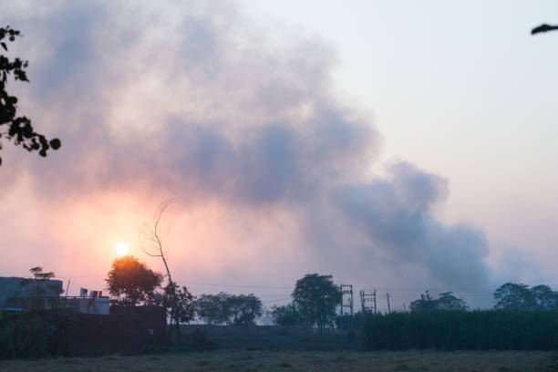Pollution blankets the sky near an industrial area.