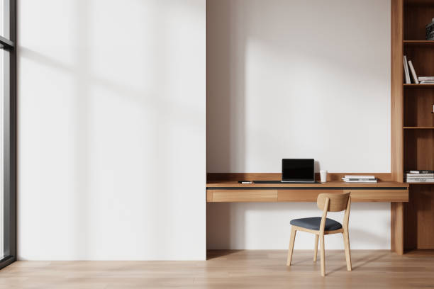 istock Home bedroom interior with work zone, table and chair with shelf. Mockup wall 2179953976
