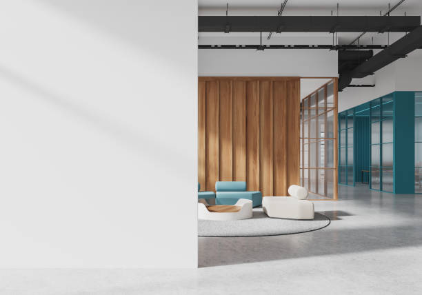 istock Modern office interior with blank wall on the left for mockup. 3D Rendering 2179954294