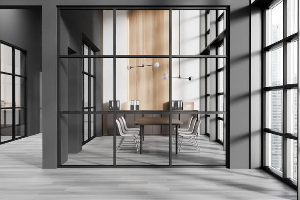 istock Modern office room with large windows and city view. 3D Rendering 2179954634